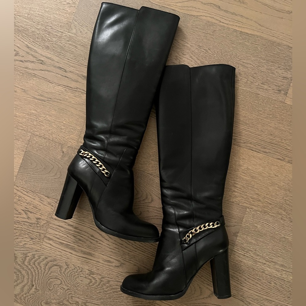 Grafitti Black Leather Knee Boots Chain Detail Block Heel 37